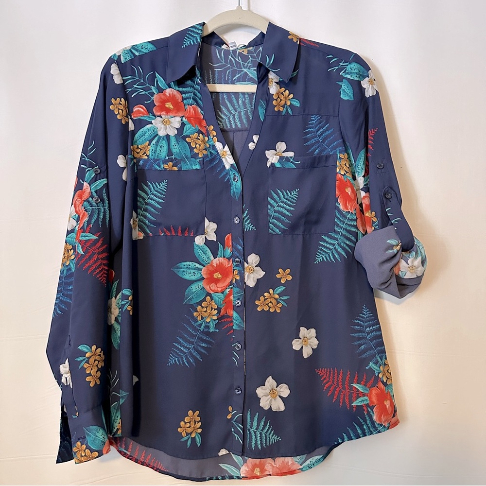 Express Portofino Blue Tropical Floral Blouse - Size M
